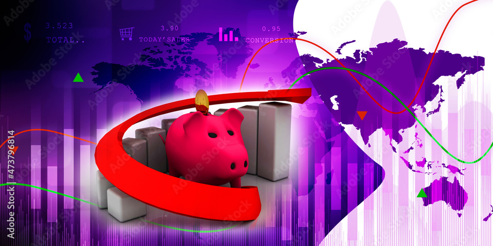 Poster 3d rendering pig coin bank with business graph