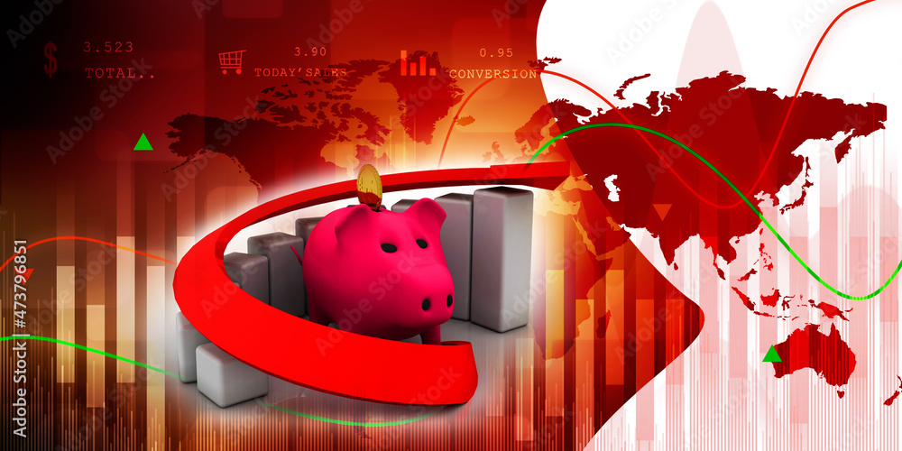 Poster 3d rendering pig coin bank with business graph