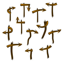 Set of brown arrows pointers on curved posts isolated on white. Post with direction pointer.