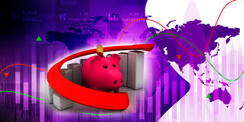 3d rendering Pig Coin bank with business graph
