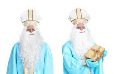 Collage with photos of Saint Nicholas on white background