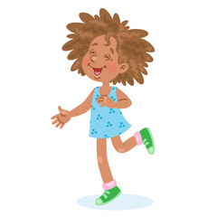 Happy little African American girl jumping on one leg. In cartoon style. Isolated on white background. Vector illustration.
