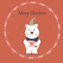 White winter bear in a cap, with a scarf, an envelope. Merry Christmas