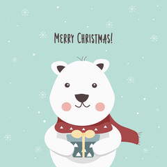 Winter White Christmas Bear with Scarf and Gift
