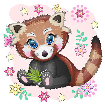 Red panda, cute character with beautiful eyes, bright childish style. Rare animals, red book, bear.