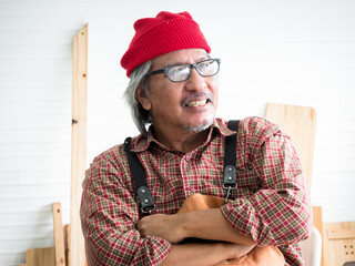 Portrait of an elderly male carpenter proudly standing in a workshop after completing his work...