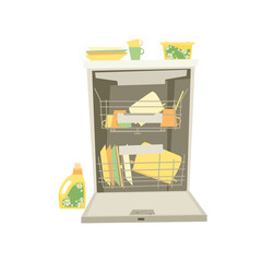 Open dishwasher with detergent and dishes. Kitchen equipment icons flat vector illustration.