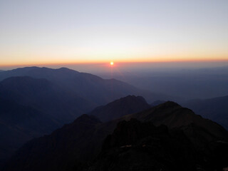Amazing view from the top of Djebel Toubkal, North Africa's highest mountain, at sunrise. Morocco.