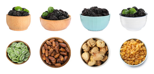 Set with different tasty dried fruits on white background. Banner design
