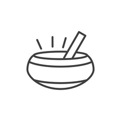 Tibetan singing bowl with a wooden resonant stick outline vector icon isolated on white background.