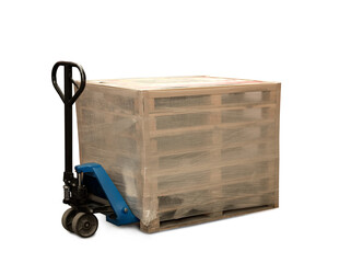 Modern manual forklift with wooden pallets on white background