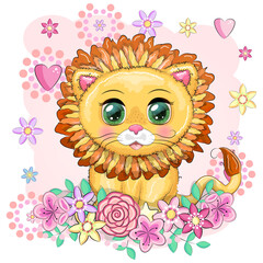 Cartoon lion with expressive eyes. Wild animals, character, childish cute style.