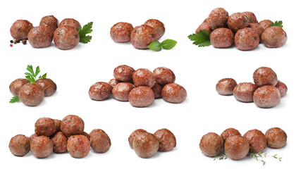 Set with tasty cooked meatballs on white background