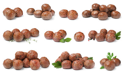 Set with tasty cooked meatballs on white background