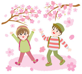 春にお花見をする子供たちのイラスト