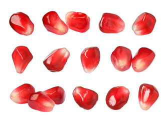 Ripe juicy pomegranate seeds on white background, collage