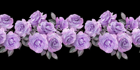 Seamless border with flowers. Purple roses isolated on black background.