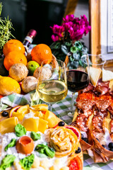 Travel Italy, Part of Italian culture - healthy mediterranean food. Rome street restaurants with variety of typical pasta, salami and wine.