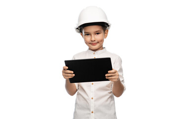 building, construction and profession concept - smiling little boy in helmet with tablet pc...