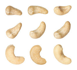 Set with tasty cashew nuts on white background