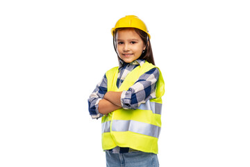 building, construction and profession concept - smiling little girl in protective helmet and safety vest with crossed arms over white background