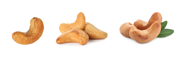 Set with tasty cashew nuts on white background. Banner design