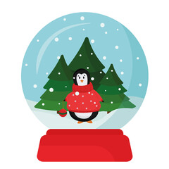 Christmas New Year glass snow globe with penguin in a red knitted sweater and Christmas tree isolated on white background. A souvenir for a gift is a snow ball in a flat style