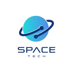 Space tech logo design concept,  combination of planet saturn with technology symbol logo design © orendesain99