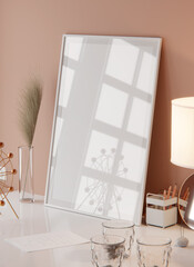 Blank picture frame mockup on whitewall. Artwork in interior design. 3d render