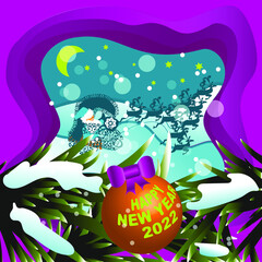 Santa Claus on a sleigh with reindeer. Paper Art and craft style