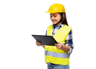 building, construction and profession concept - smiling little girl in protective helmet and safety vest with tablet pc computer over white background