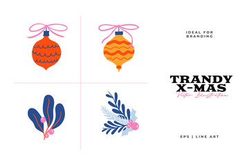 Trendy Christmas cute vector icons new year decoration illustration clipart collection