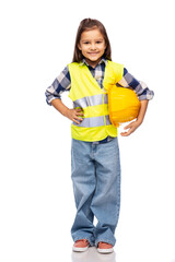 building, construction and profession concept - smiling little girl with protective helmet and safety vest over white background