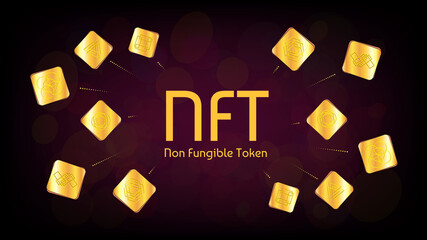 NFT non fungible token infographics with golden unique tokens on dark background. Pay for unique collectibles in games or art.