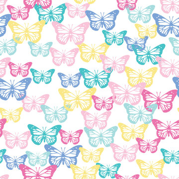 Pretty, bright, and girly this camouflage pattern is made up of pastel colored butterflies against a clean, white background. Seamless vector patterns are great for backgrounds and surface design.
