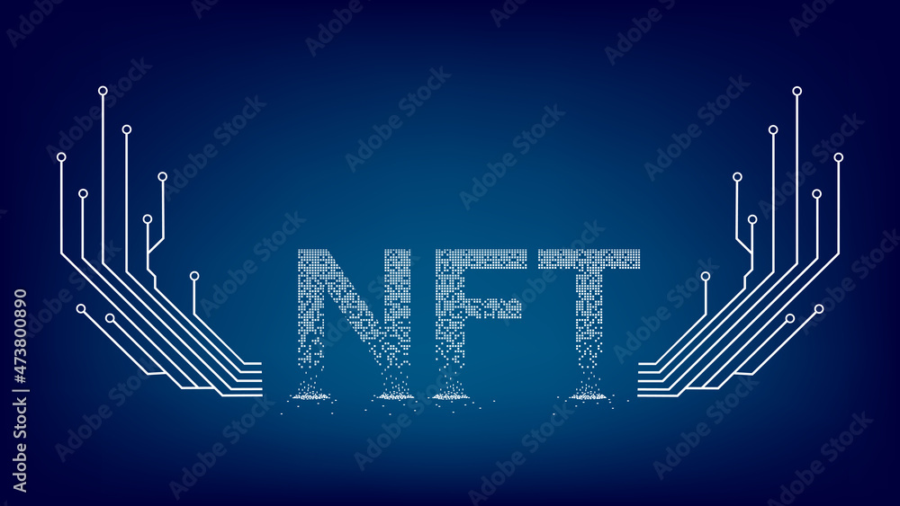 Poster crumbled text ntf non fungible token with wings from pcb tracks and copy space on blue background. w
