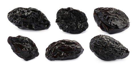Set with sweet dried prunes on white background. Banner design