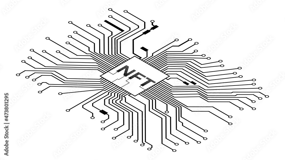 Wall mural isometric pcb tracks with ntf non fungible token in center isolated on white. website design element