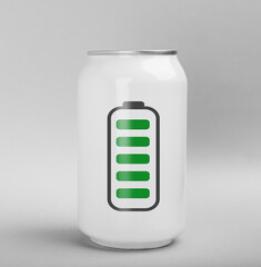 Can of energy drink with picture of fully charged battery on light grey background