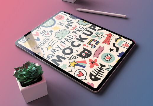 My Pad Pro Tablet Mockup on a Old Pink and Turquoise Blue Background with a Succulent Flower