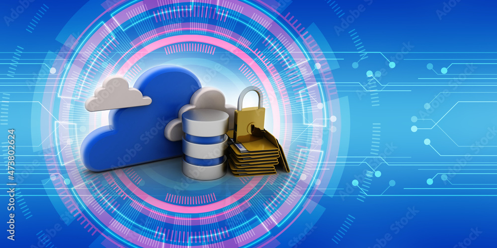 Poster 3d rendering cloud folder with database and lock