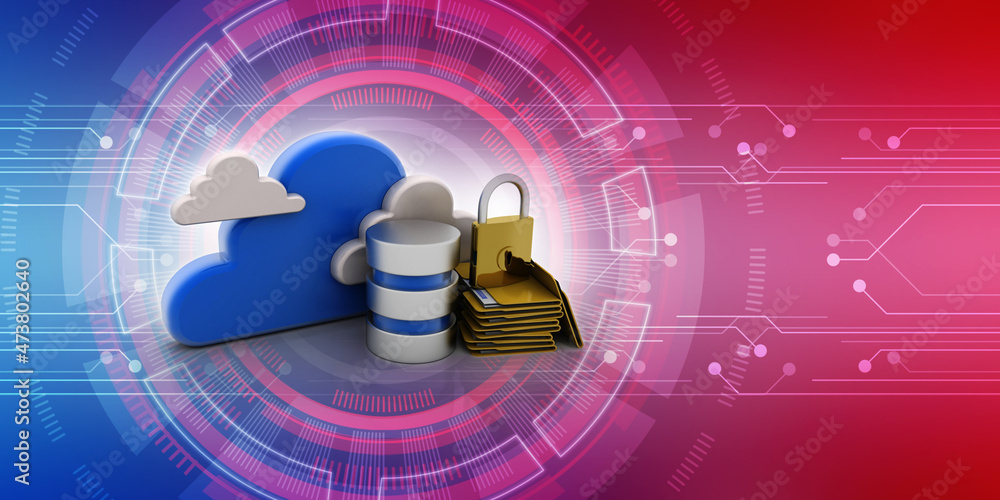 Poster 3d rendering cloud folder with database and lock