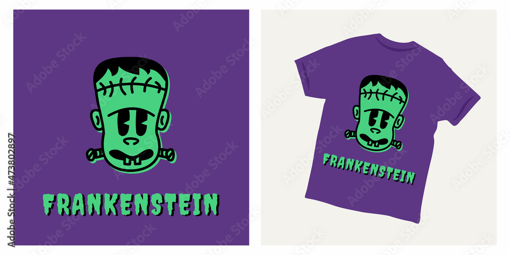 Wall mural Cartoon Frankenstein face trendy t-shirt design illustration