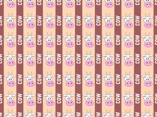 Cow cartoon character seamless pattern on brown background.