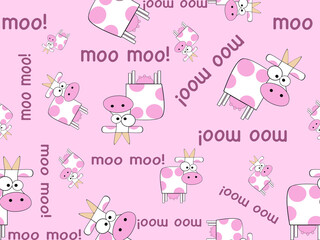 Cow cartoon character seamless pattern on pink background