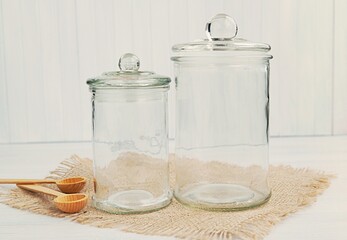 Two sizes empty food storage canisters mockup for label or decal design presentation, 2 pantry jars...