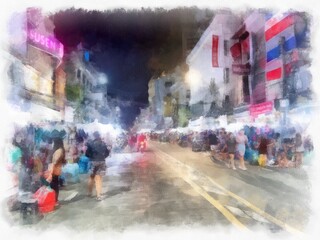 Night market landscape on the streets of Bangkok watercolor style illustration impressionist painting.