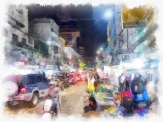 Night market landscape on the streets of Bangkok watercolor style illustration impressionist painting.
