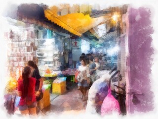 Night market landscape on the streets of Bangkok watercolor style illustration impressionist painting.