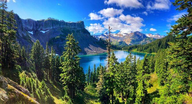 turquoise lake with mountains and cedar forest